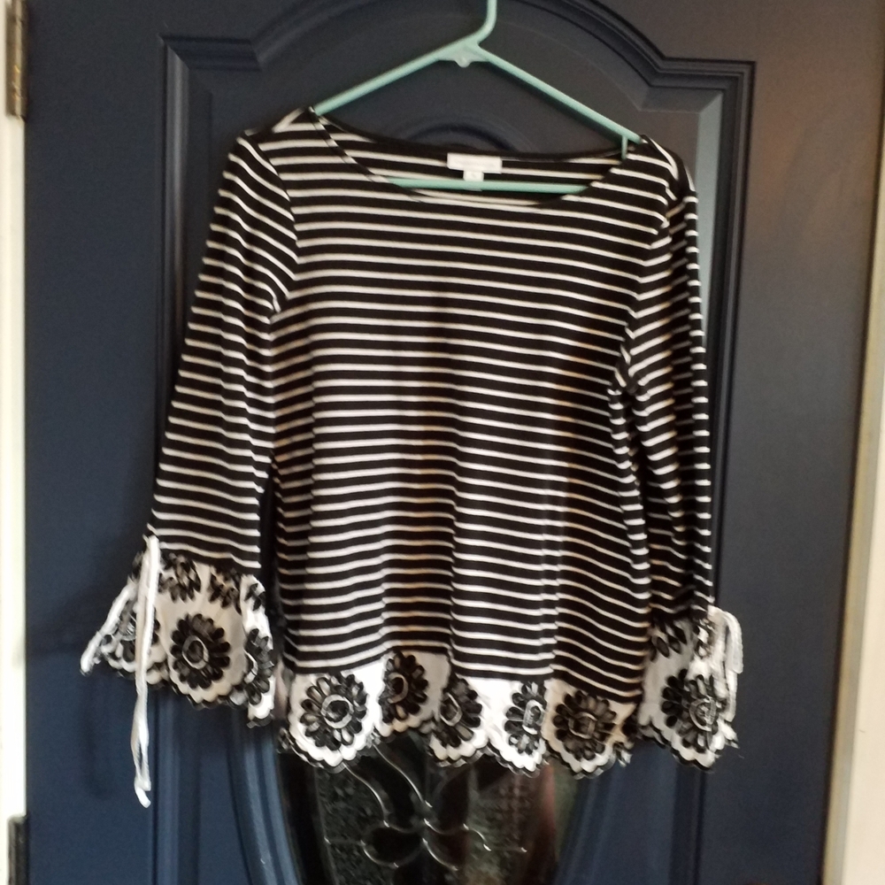 Charter Club Black and White Striped Blouse with Floral Hem